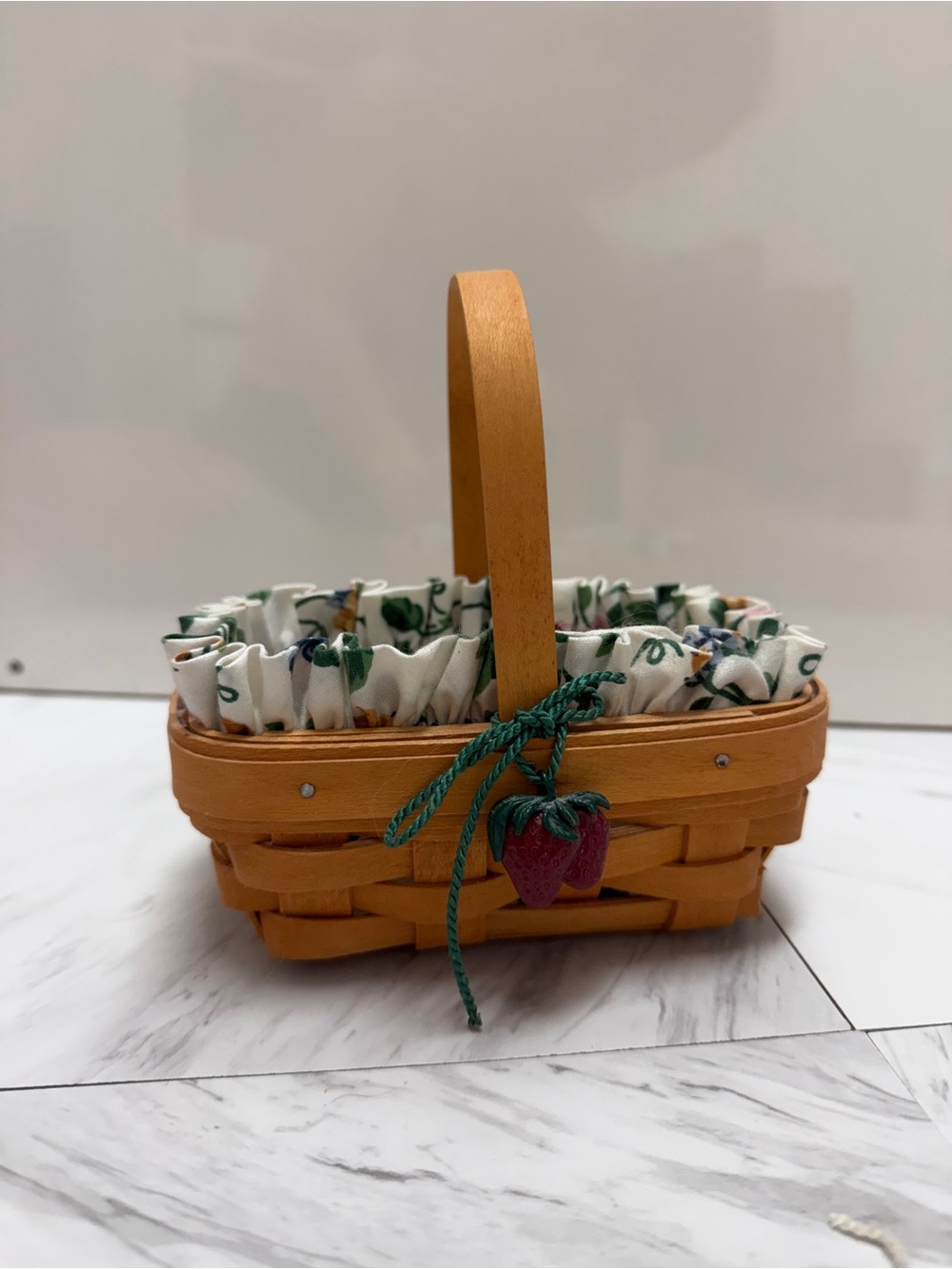 Longaberger Tan Woven Basket with Green Trim and Strawberry Charm